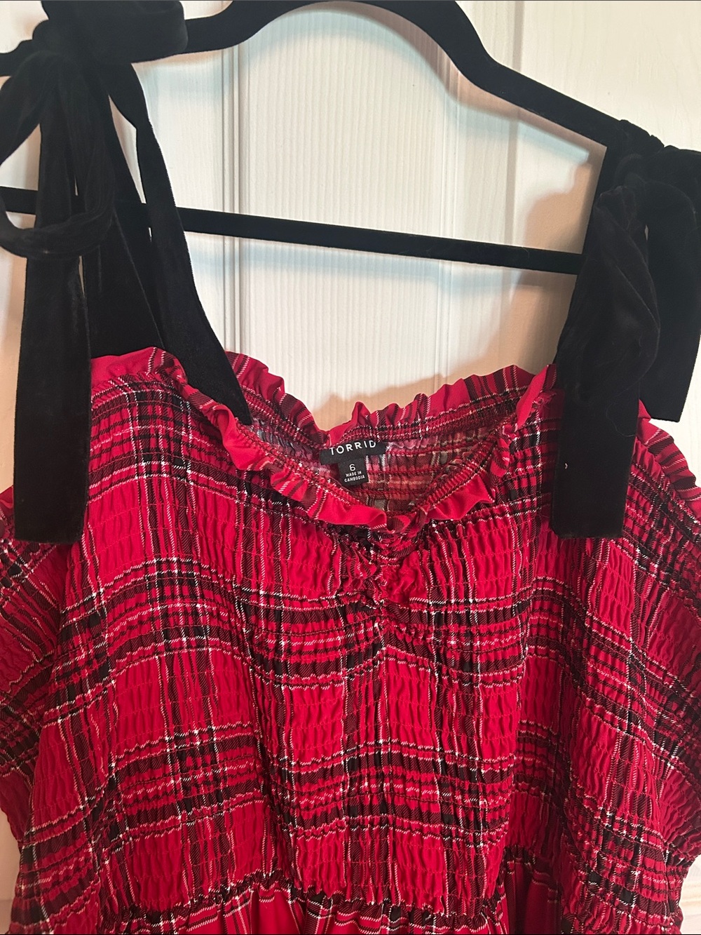 Torrid Red Plaid Smocked Dress with Velvet tie straps